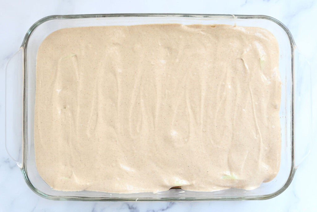 Spice cake batter in a 9x13 pan