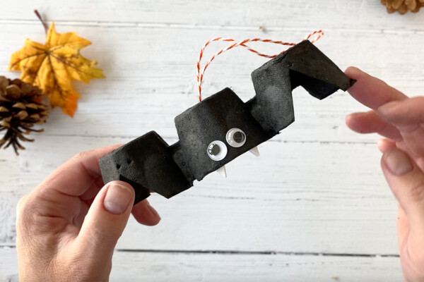 Egg carton bat with eyes and teeth added and looped twine for hanging