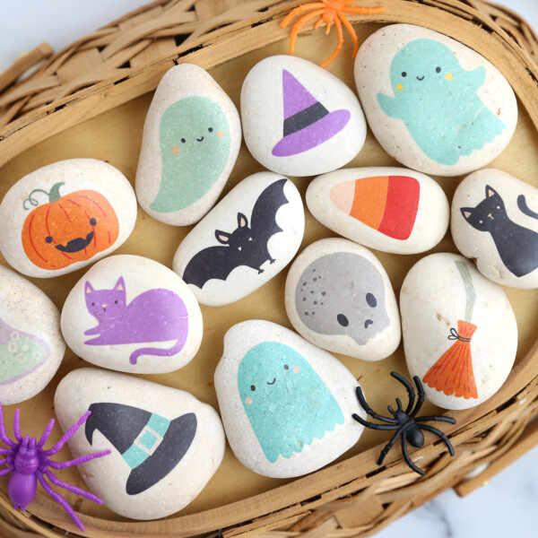 Halloween painted rocks using tattoos