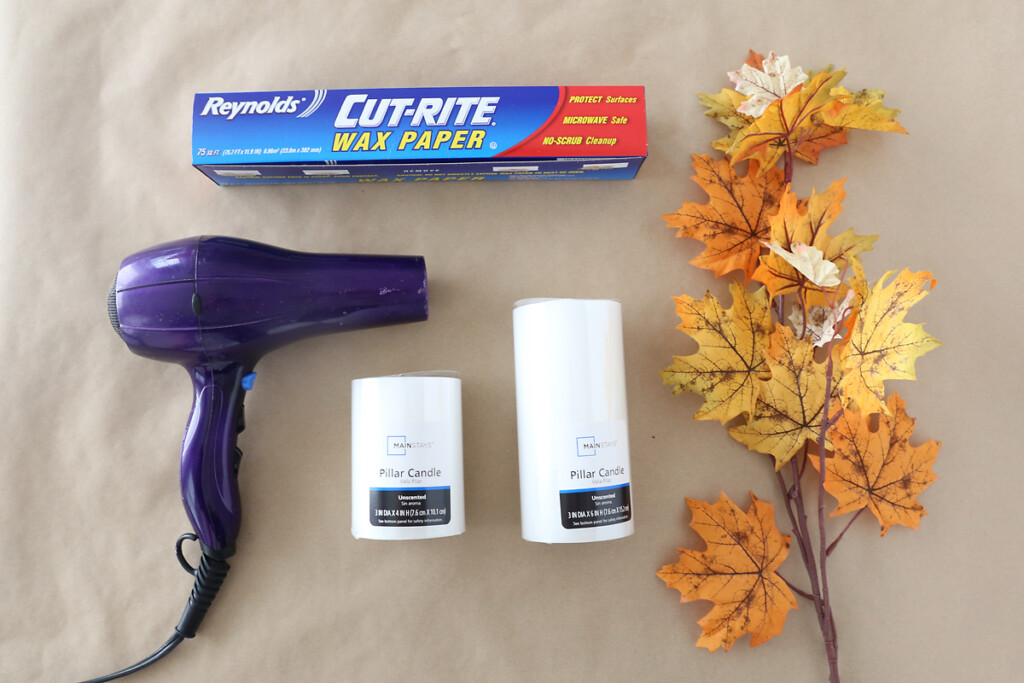 supplies: hair dryer, wax paper, candles, faux leaves