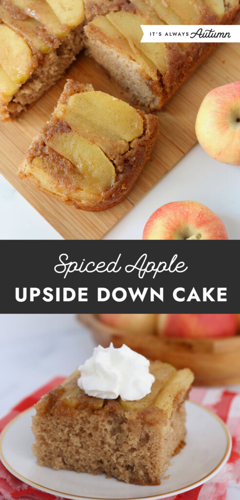 Sliced of apple upside down cake on a cutting board; piece of apple upside down cake on a plate with whipped cream