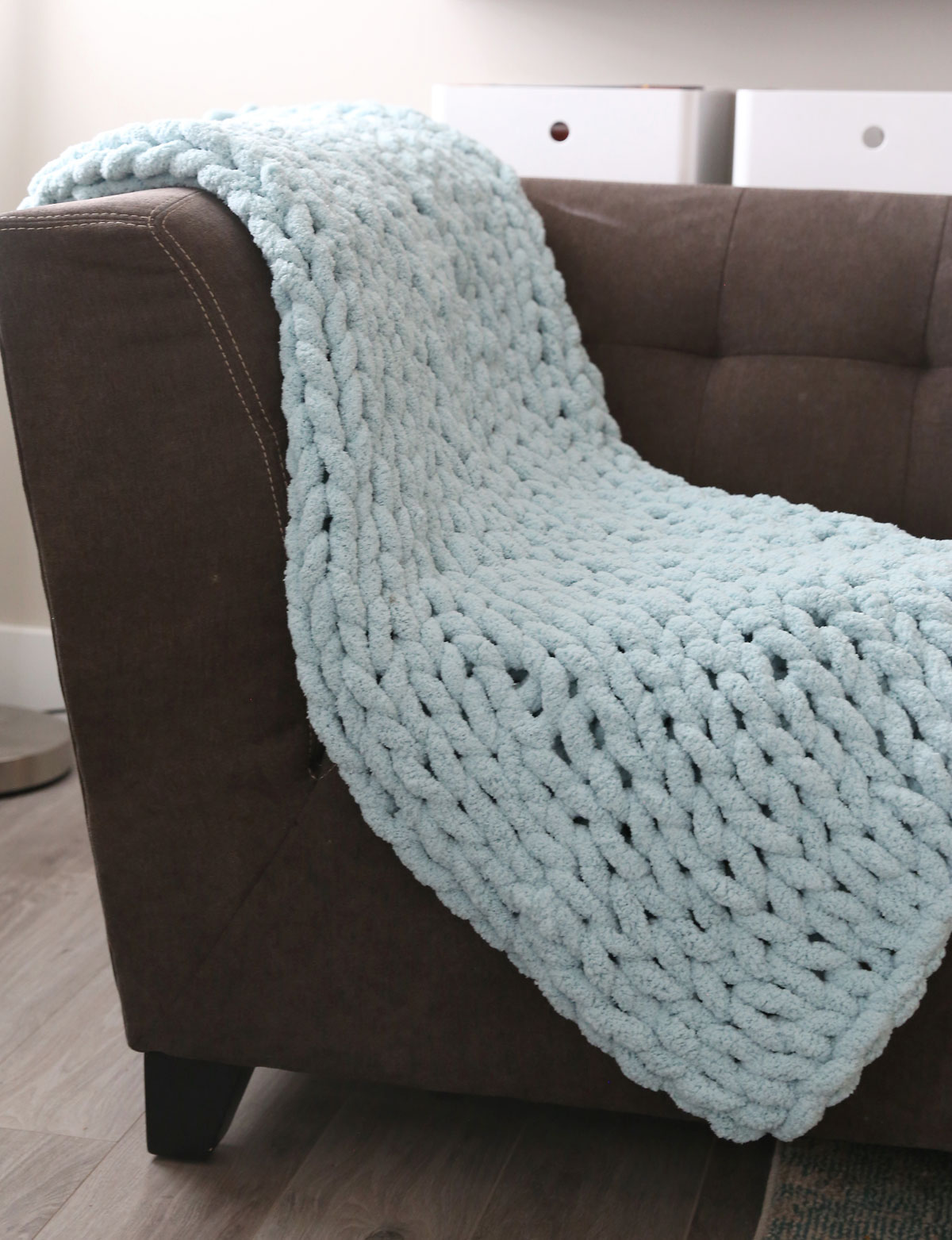 Chunky chenille hand knit blanket