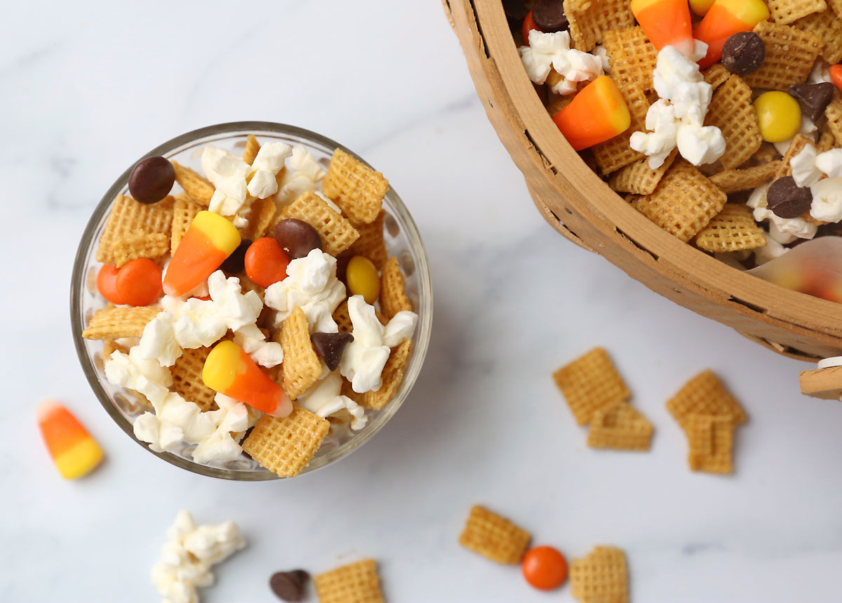 Halloween Chex mix in a small bowl