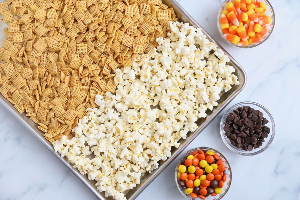 Ingredients: Chex, popcorn, candy corn, chocolate chips, Reese's pieces