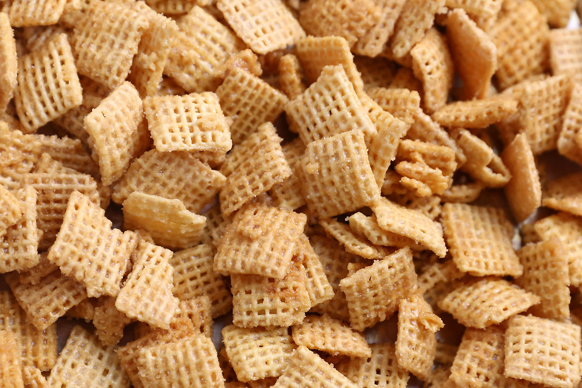 Chex cereal coated and toasted with caramel sauce