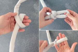 tying a slip knot at the end of a ball of chunky yarn