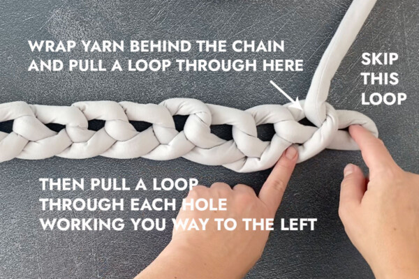 Skip the first loop, then begin pulling loops from behind in each hole in the chain