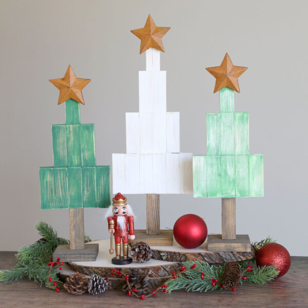 Three DIY Christmas trees made from wood blocks