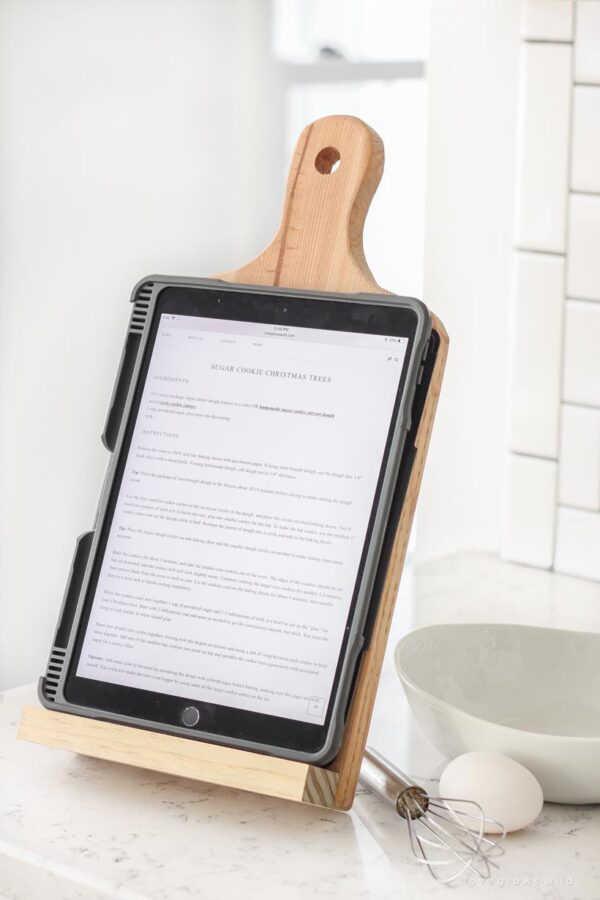 Tablet on a wooden stand.