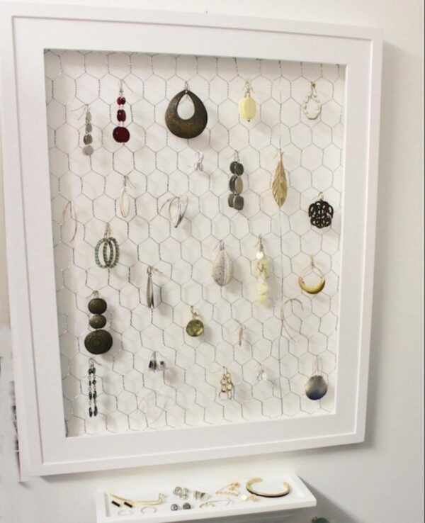 Chicken wire earring organizer.