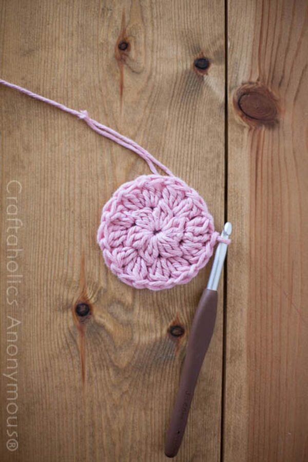 Crocheted face scrubbie and crochet hook.