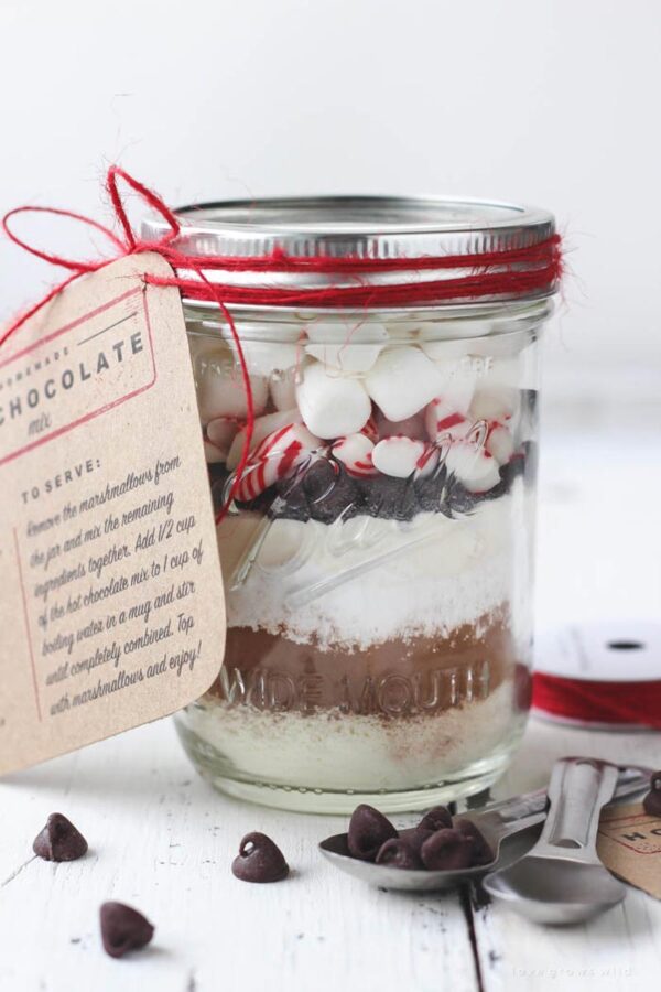 Layered hot cocoa mix in a jar.