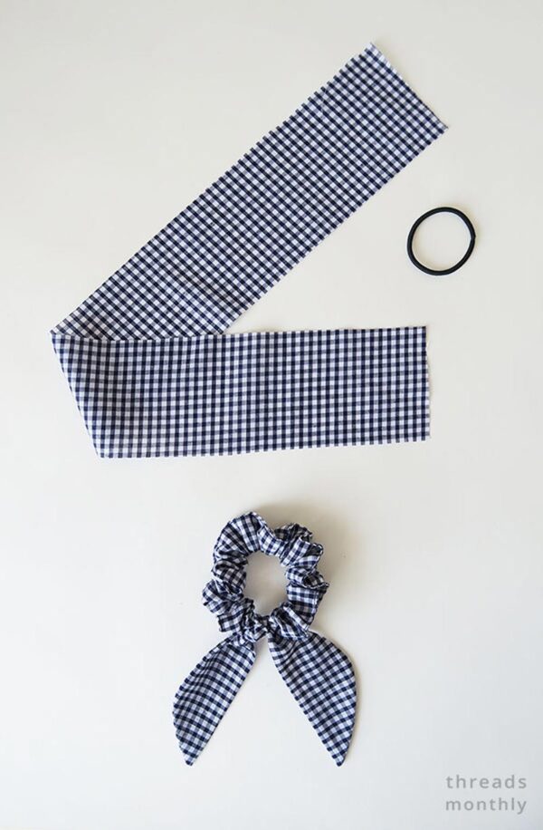 Strip of fabric, hair tie, finished scrunchie.