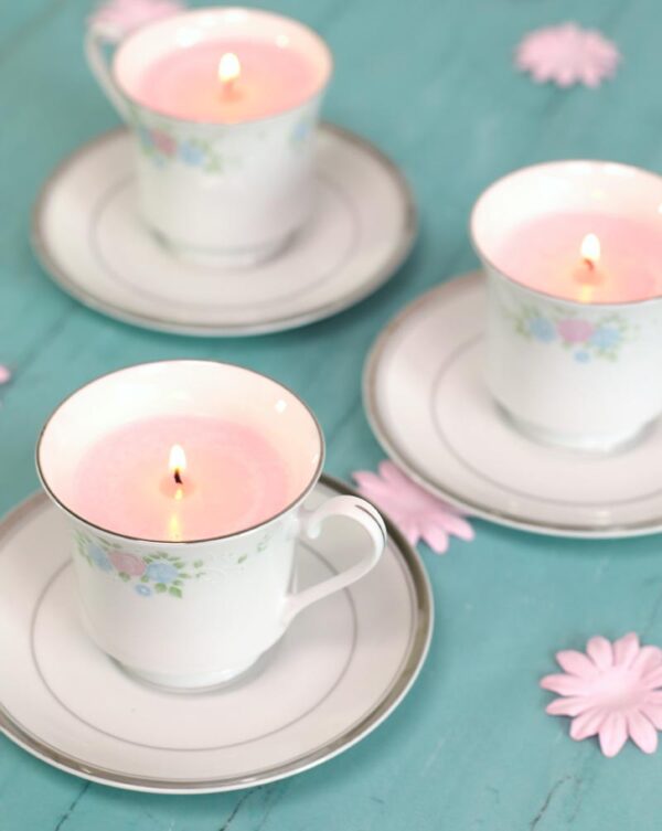 Candles made in teacups and saucers.