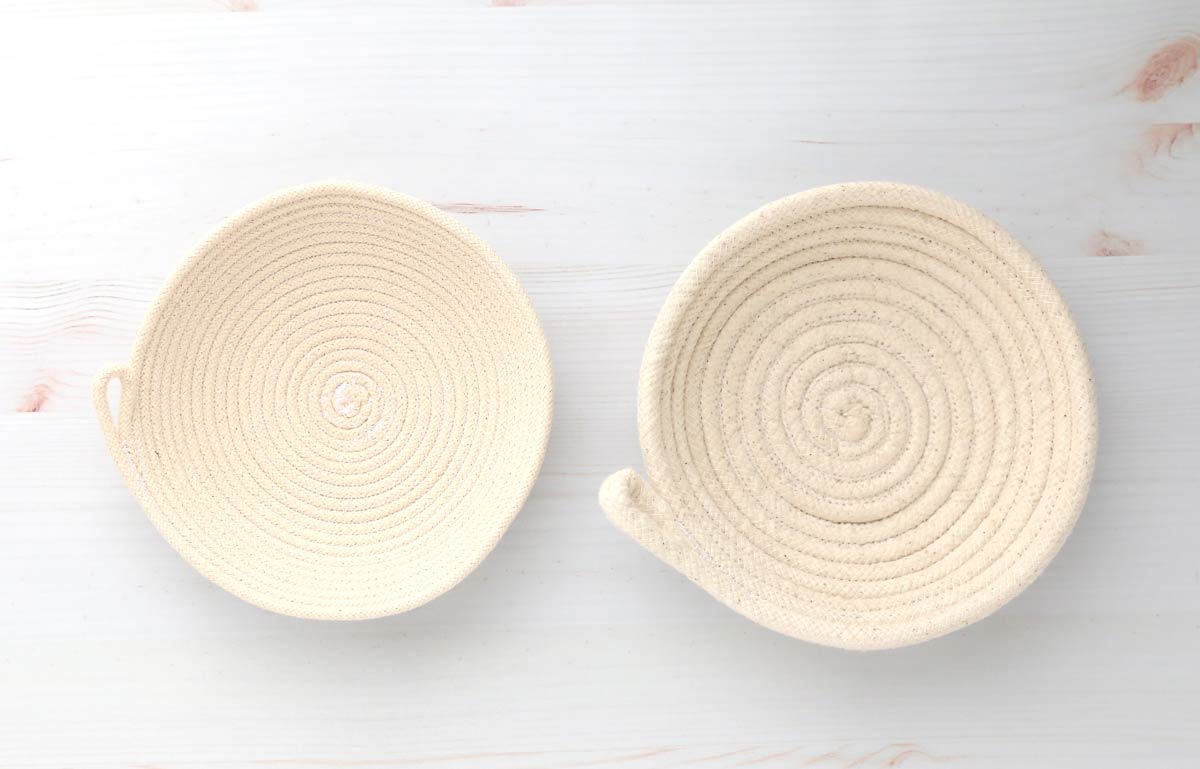 Rope bowl made with 1/4 inch rope and bowl made with 3/8 inch cotton piping.