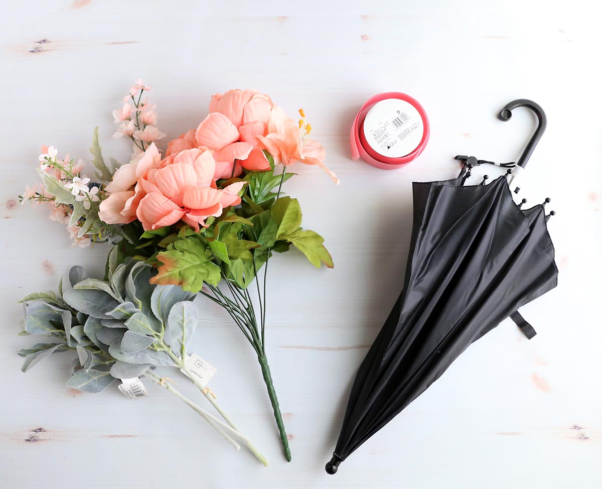 Supplies: floral stems, ribbon, umbrella.