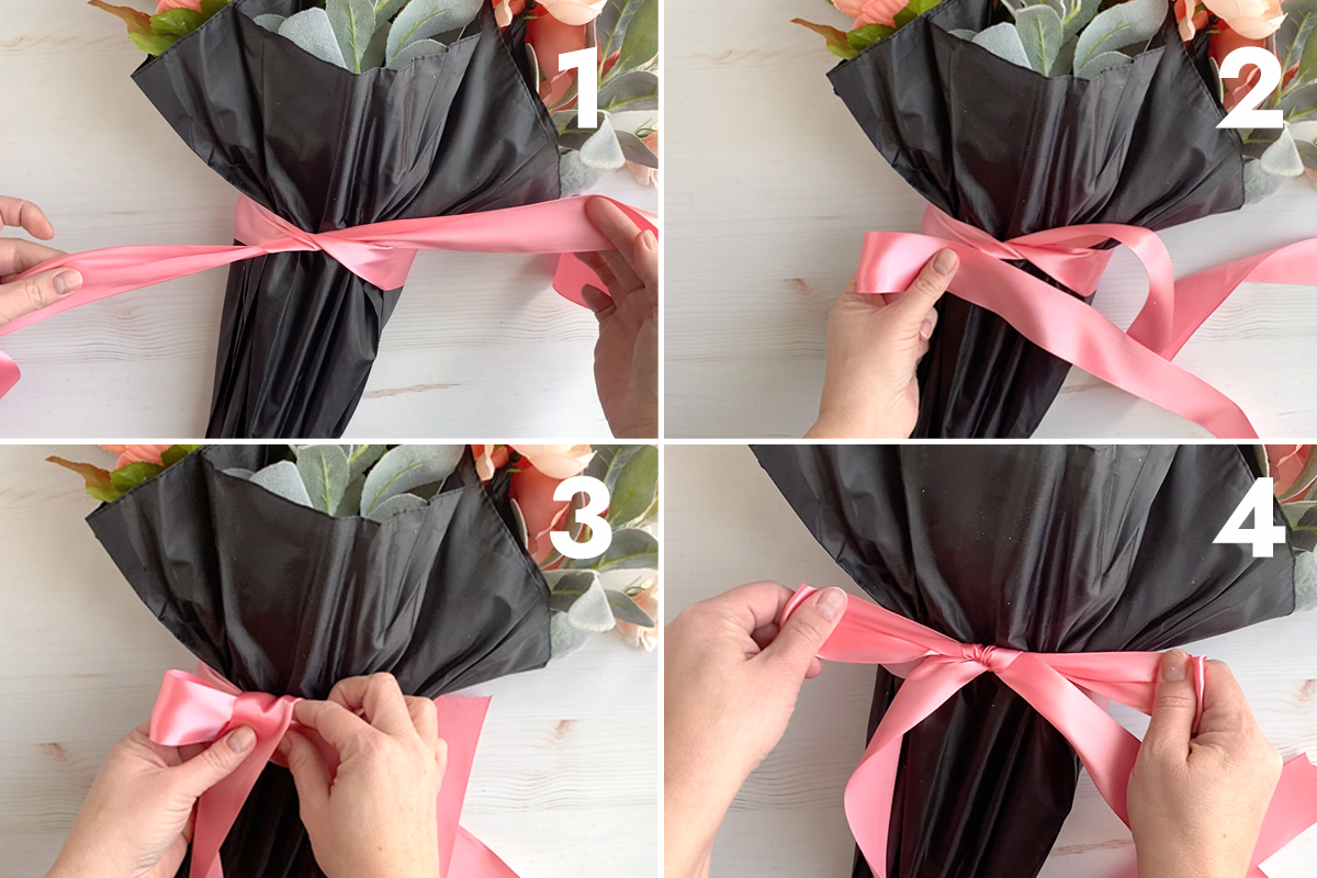 Steps for tying a ribbon in a bow around a black umbrella.