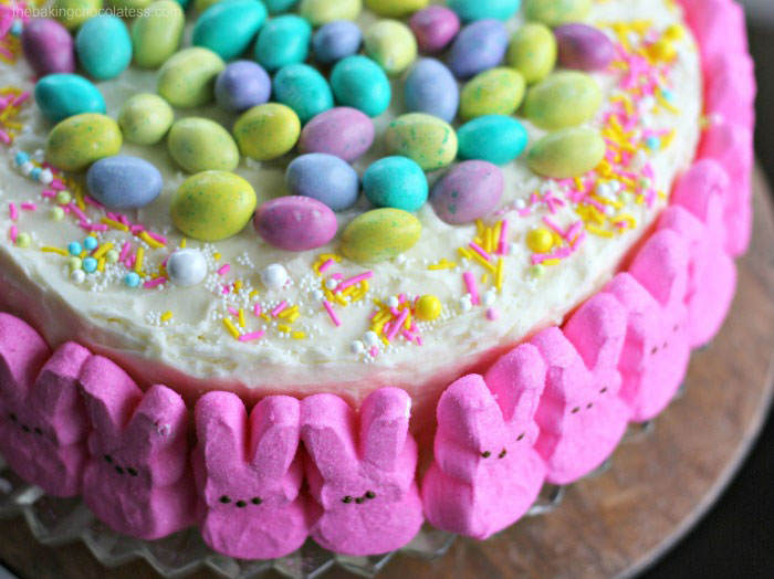 Cake decorated with pink Easter bunny Peeps.