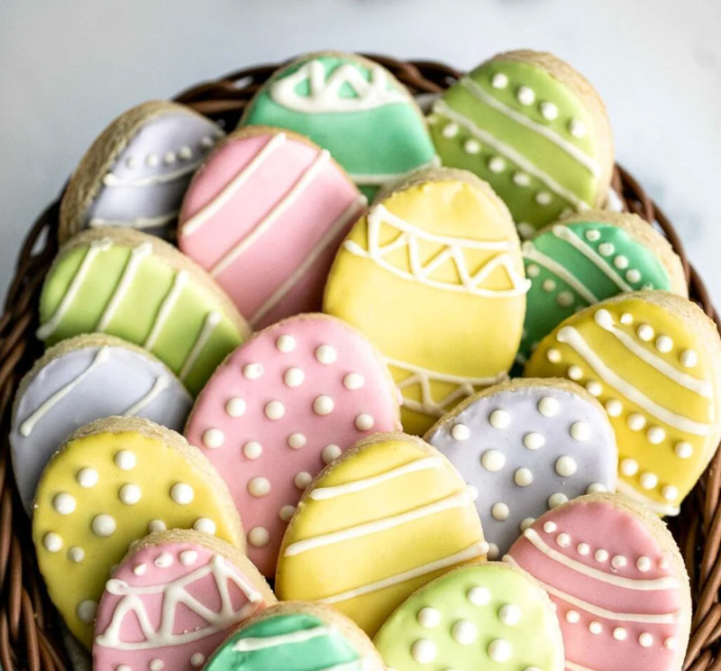 Sugar cookies decorated like Easter eggs.