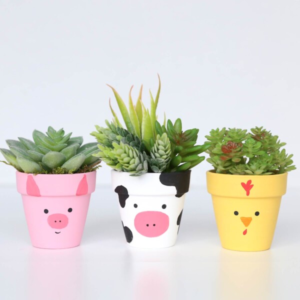 Pig, cow, and chick flower pots with succulents.