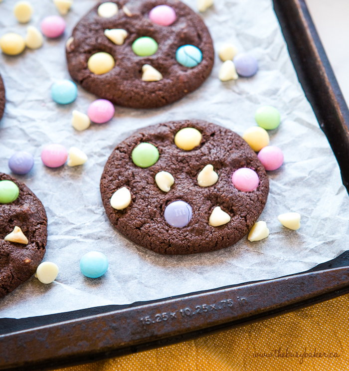 Double chocolate spring M&M cookies.