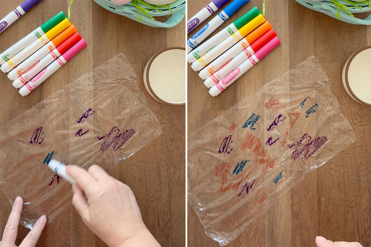 Scribbling with marker on piece of plastic wrap.