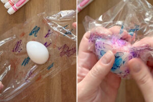 Placing wet egg on plastic wrap, wrapping it up.