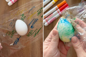 Placing wet egg on plastic wrap, wrapping it up.