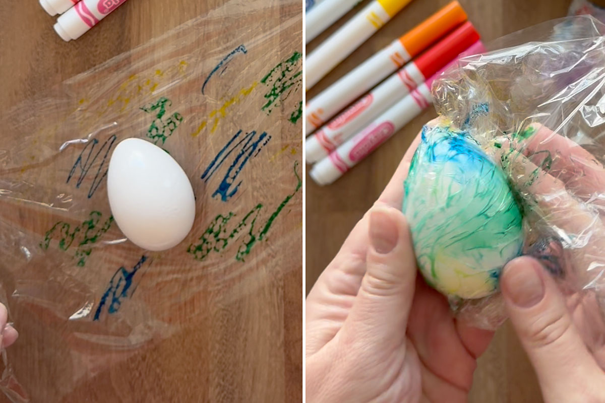 Placing wet egg on plastic wrap, wrapping it up.