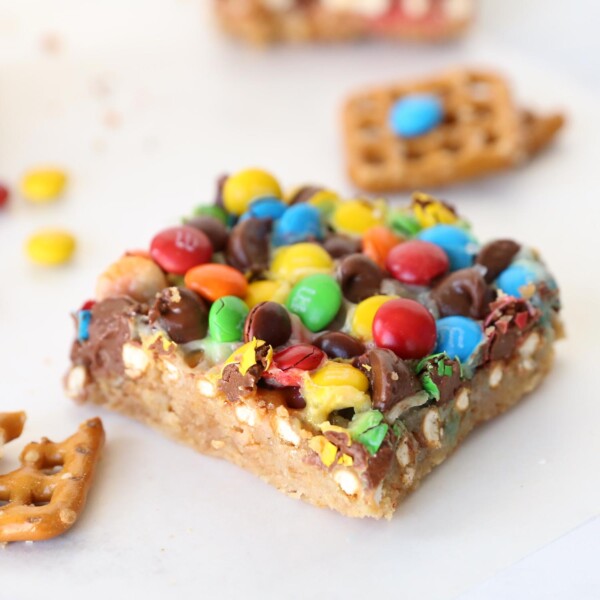 Pretzel M&M Magic cookie bars.