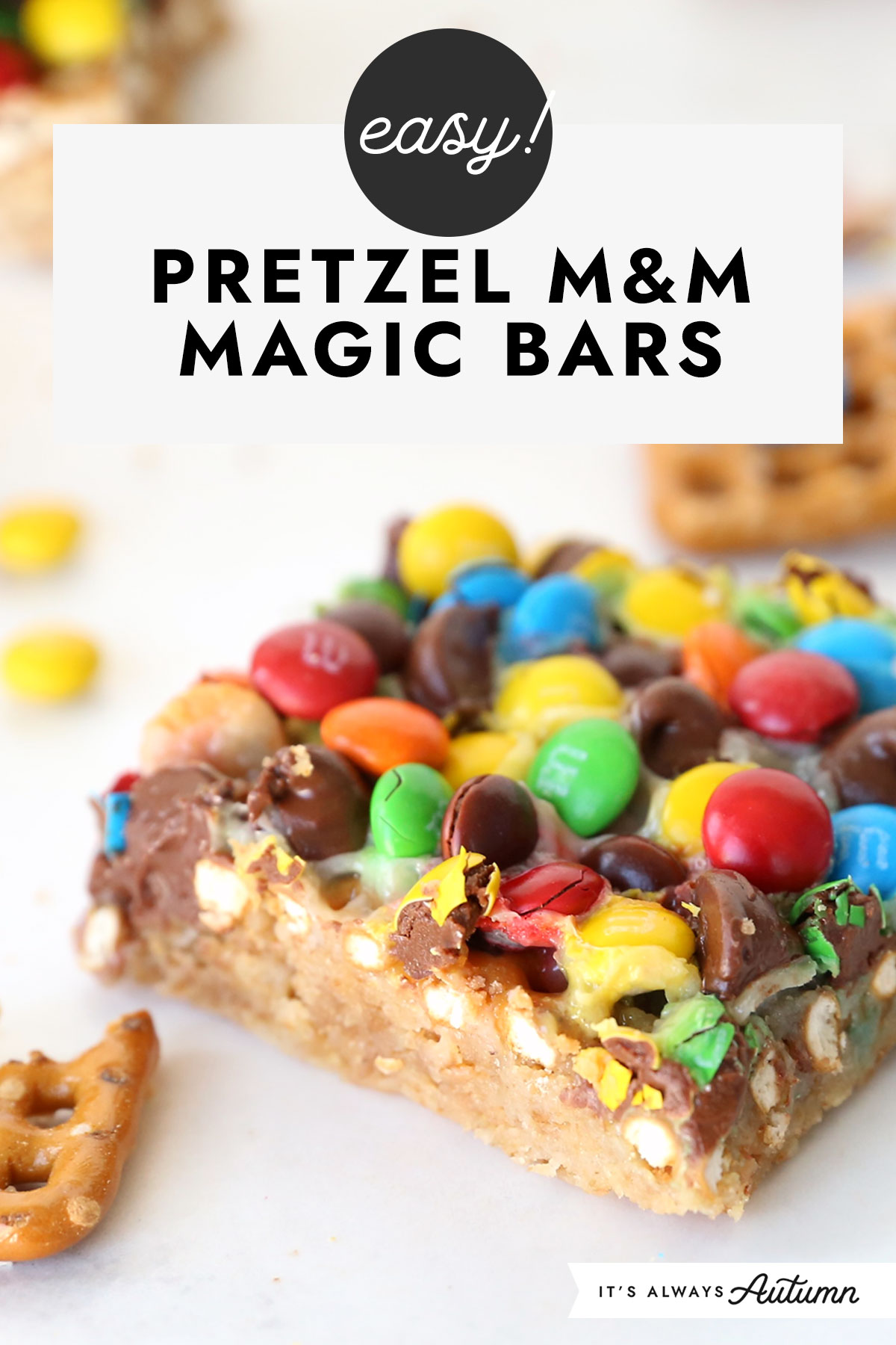 Easy Pretzel M&M magic bars.