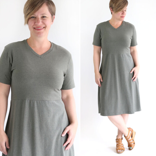 Woman wearing green dress made from men's tees.