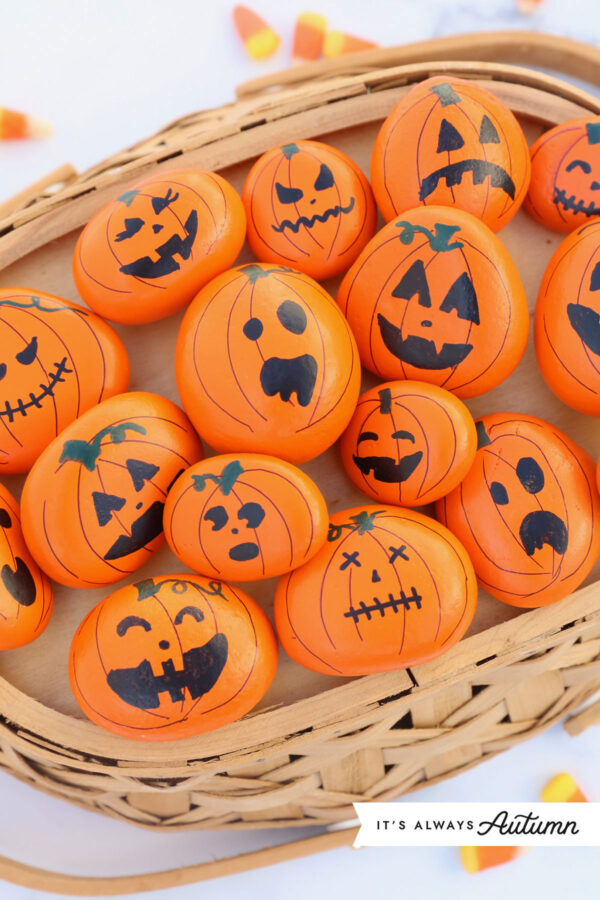 Pumpkin painted rocks.