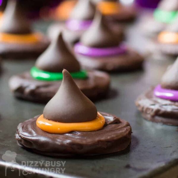 Witch hat cookies made with Hershey's kisses.