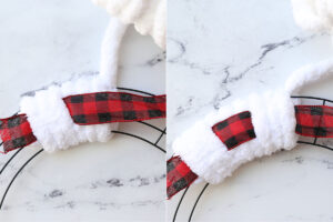 Wrapping yarn around wreath form, with ribbon over yarn for three wraps, then under yarn for three wraps.