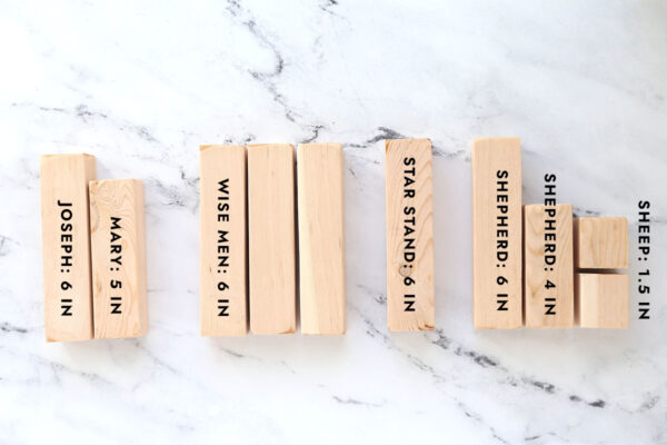 Wood blocks labeled with name and size.