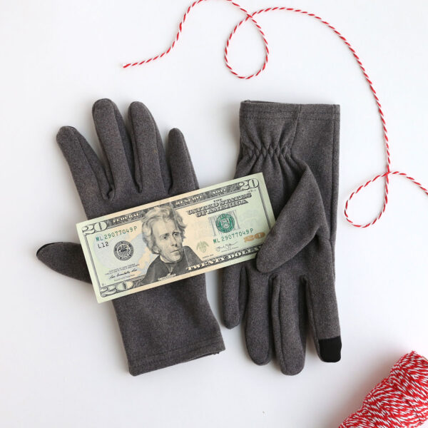 Pair of gloves with twenty dollar bill.