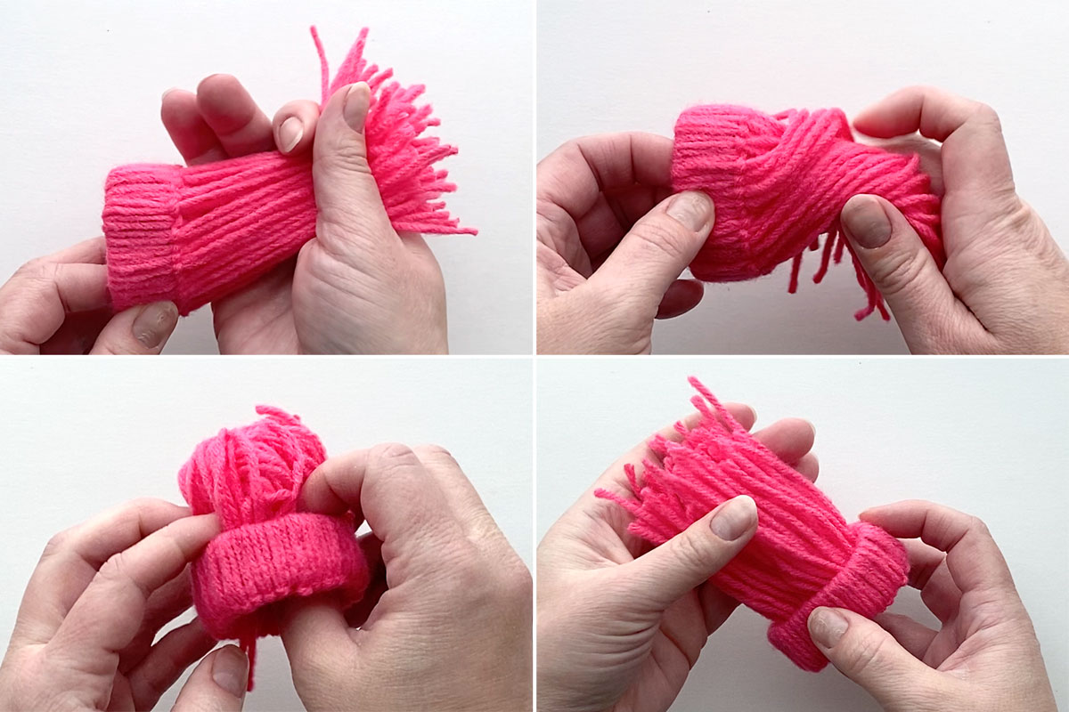Pushing the yarn through the loop to create a hat.