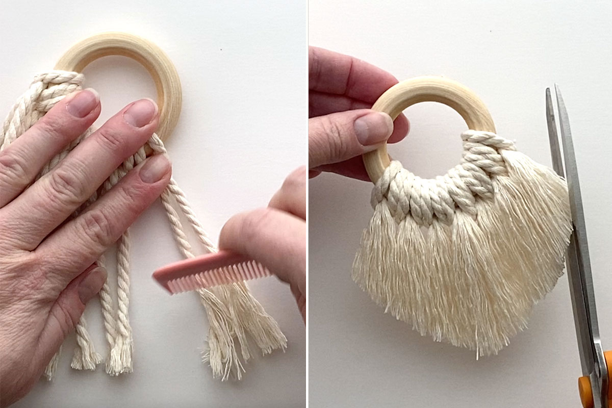 Using a comb to comb out the macrame cord to create a beard.