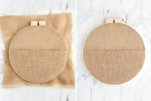 Piece of burlap placed in embroidery hoop and trimmed.