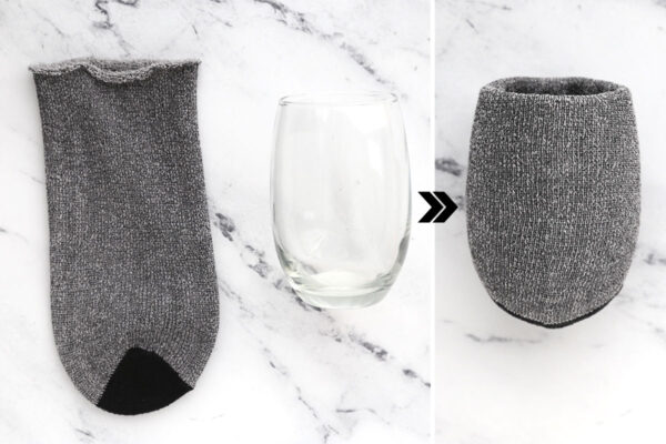 Small drinking glass placed inside the toe of the sock.