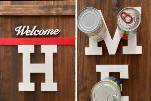 Measuring to glue the letters to the sign; weighting down letters with cans while glue dries.