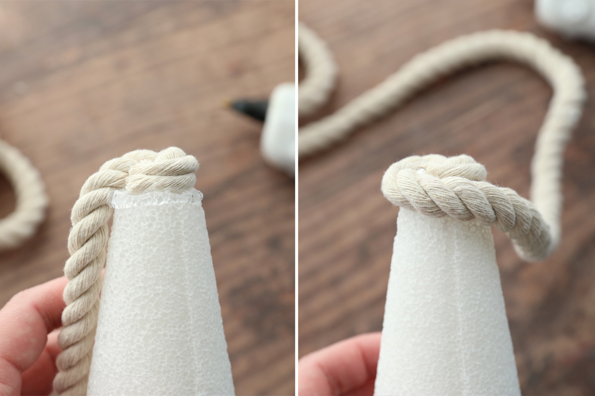 Adding more hot glue and gluing rope to the foam cone.