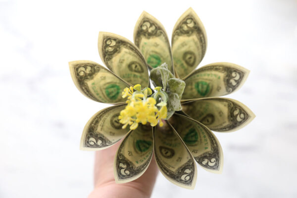 Five petals made from dollar bills held together to make a flower.