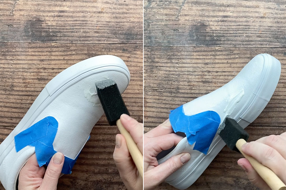Using foam paintbrush to paint modpodge on canvas shoes.