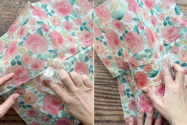 Covering shoes with top layer of napkin, pressing down with plastic wrap.