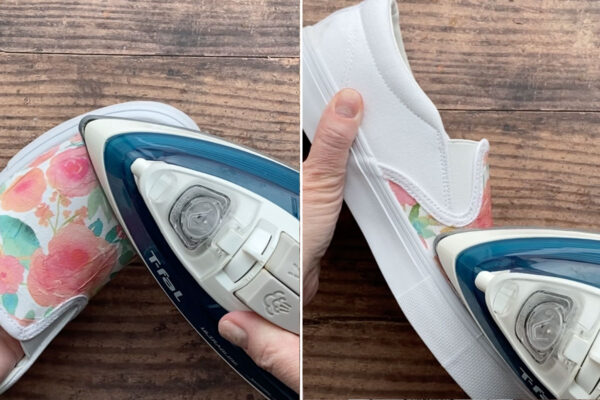 Using iron to flatten wrinkles on the shoe.