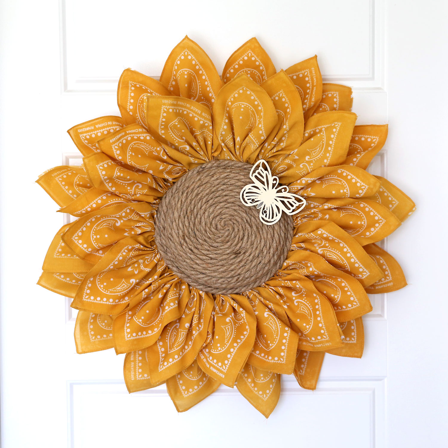 Sunflower wreath made from bandanas.