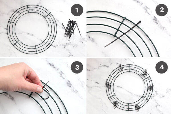 Attaching 12 zip ties to the wreath form.