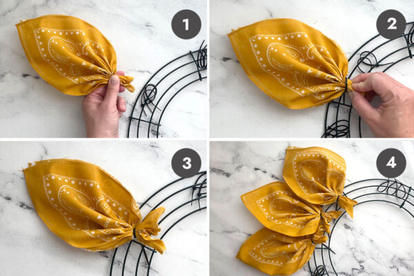 Attaching bandana petals to wreath with zip ties.